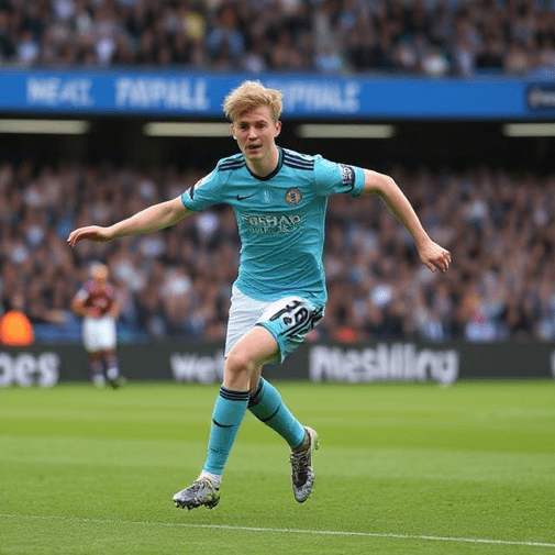 A young football player celebrating a goal in a light blue Manchester City jersey on the pitch.
