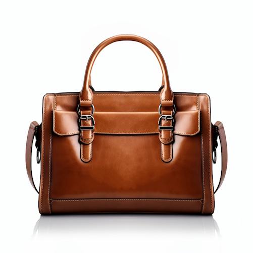 A brown leather handbag on a white background illustrating leather goods; not an LVMH, Louis Vuitton or Dior product.