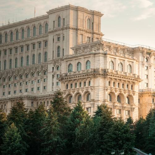 Facade of the Palace of Parliament in Bucharest; illustrative architectural photograph, not a photograph of the October 20 confidence vote.
