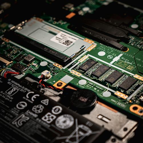 A laptop motherboard illustrating computer hardware; not an Nvidia Blackwell accelerator or an Amazon data-centre installation.