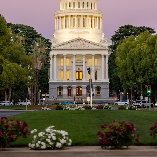 California State Capitol building, used illustratively for the state's ballot-processing dispute; not the federal courthouse or a voting location.